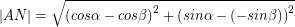 \[ \left| AN \right| = \sqrt{\left( cos \alpha - cos \beta \right)^{2} + \left( sin \alpha - (-sin \beta) \right)^{2}} \]