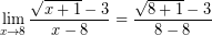 \[ \lim_{x \rightarrow 8} \frac{\sqrt{x + 1} - 3}{x - 8} = \frac{\sqrt{8 + 1} - 3}{8 - 8} \]