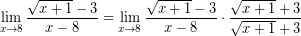 \[ \lim_{x \rightarrow 8} \frac{\sqrt{x + 1} - 3}{x - 8} = \lim_{x \rightarrow 8} \frac{\sqrt{x + 1} - 3}{x - 8} \cdot \frac{\sqrt{x + 1} + 3}{\sqrt{x + 1} + 3} \]