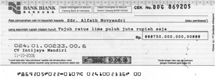 Contoh Bukti Transaksi Berbentuk Cek