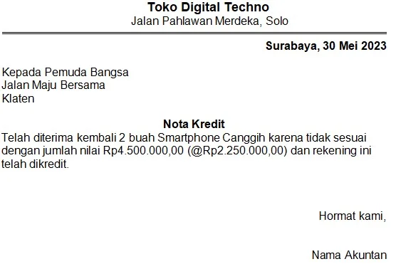 Contoh Nota Kredit