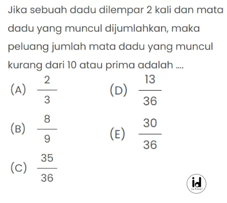 Peluang jumlah mata dadu kurang dari 10 atau prima adalah
