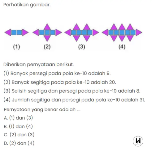 Diberikan pernyataan berikut. (1) Banyak persegi pada pola ke-10 adalah 9. (2) Banyak segitiga pada