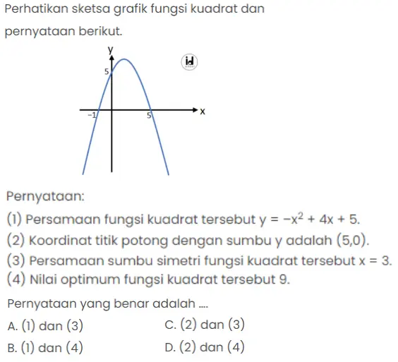 Perhatikan sketsa grafik fungsi kuadrat dan pernyataan berikut.