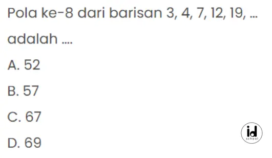 Pola ke-8 dari barisan 3, 4, 7, 12, 19, … adalah …