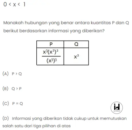 0 < x < 1 Manakah hubungan yang benar antara kuantitas P dan Q berikut berdasarkan informasi yang diberikan