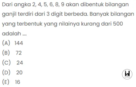 Dari angka 2, 4, 5, 6, 8, 9 akan dibentuk bilangan ganjil terdiri dari 3 digit berbeda. Banyak bilangan yang terbentuk yang nilainya kurang dari 500 adalah ….