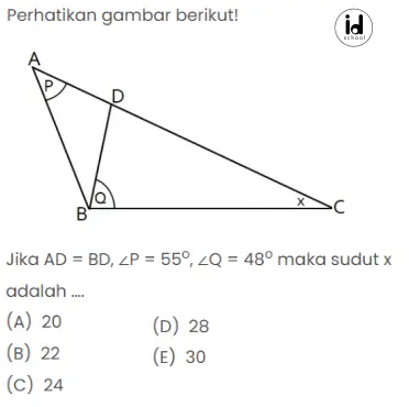Jika AD = BD, ∠P = 55o, ∠Q = 48o maka sudut x adalah ….