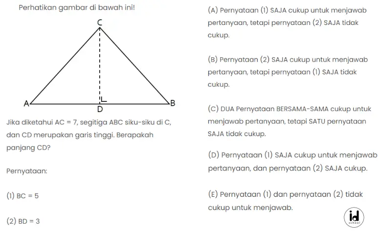 Jika diketahui AC = 7, segitiga ABC siku-siku di C, dan CD merupakan garis tinggi. Berapakah panjang CD?