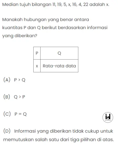 Median tujuh bilangan 11, 19, 5, x, 16, 4, 22 adalah x. Manakah hubungan yang benar antara kuantitas P dan Q berikut berdasarkan informasi yang diberikan