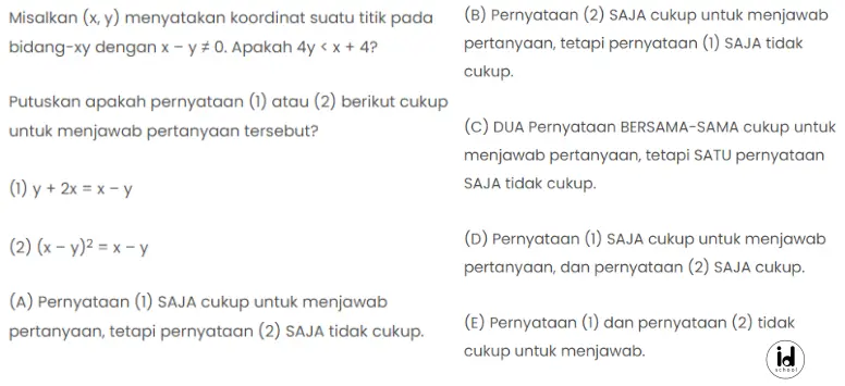 Misalkan (x, y) menyatakan koordinat suatu titik pada bidang-xy dengan x – y ≠ 0. Apakah 4y  < x + 4?