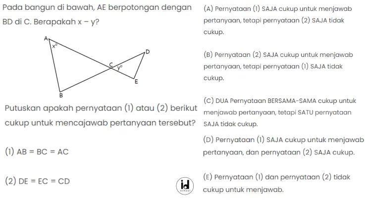 Pada bangun di bawah, AE berpotongan dengan BD di C. Berapakah x – y?