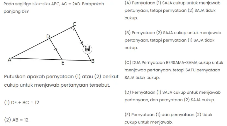 Pada segitiga siku-siku ABC, AC = 2AD. Berapakah panjang DE?