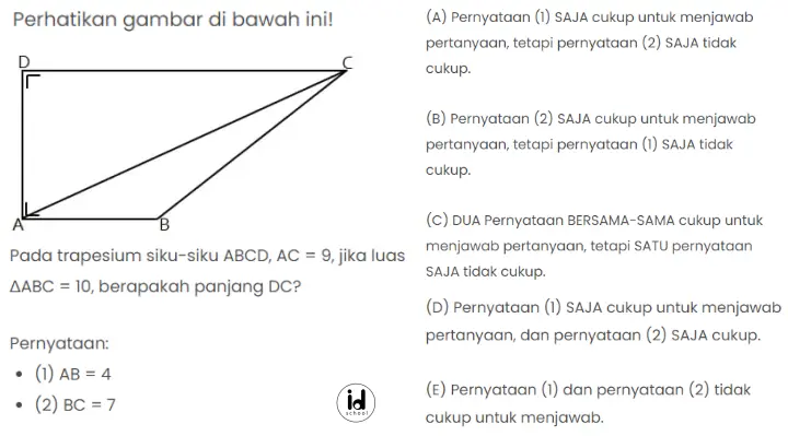 Pada trapesium siku-siku ABCD, AC = 9, jika luas ΔABC = 10, berapakah panjang DC?