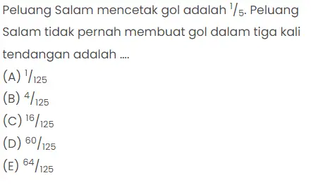 Peluang Salam mencetak gol adalah 15. Peluang Salam tidak pernah membuat gol dalam tiga kali tendangan adalah ….