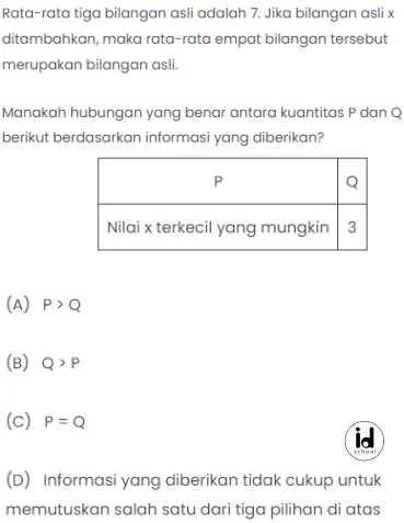 Rata-rata tiga bilangan asli adalah 7. Jika bilangan asli x ditambahkan, maka rata-rata empat bilangan tersebut merupakan bilangan asli.