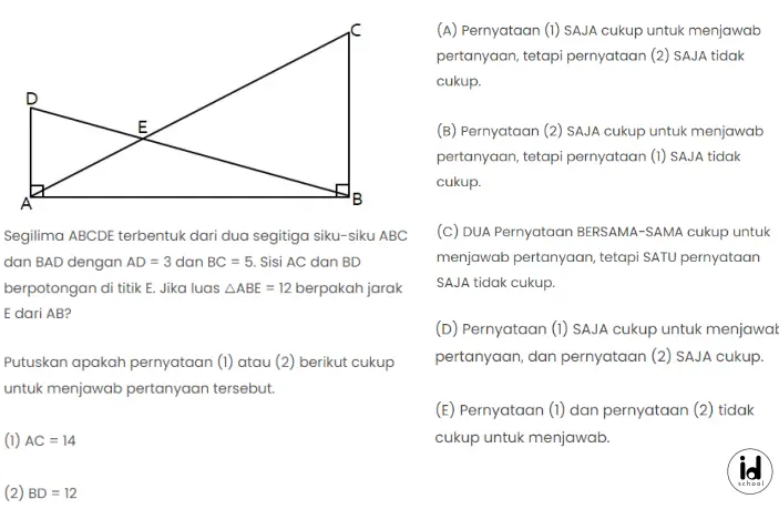 Segilima ABCDE terbentuk dari dua segitiga siku-siku ABC dan BAD dengan AD = 3 dan BC = 5. Sisi AC dan BD berpotongan di titik E. Jika luas △ABE = 12 berpakah jarak E dari AB?