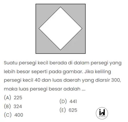 Suatu persegi kecil berada di dalam persegi yang lebih besar seperti pada gambar. Jika keliling persegi kecil 40 dan luas daerah yang diarsir 300, maka luas persegi besar adalah ….